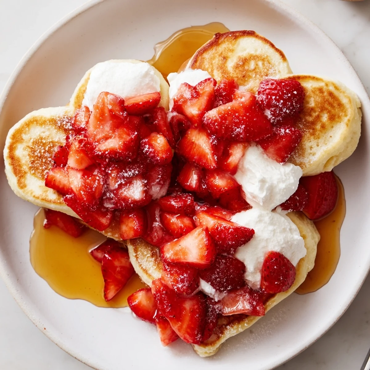 Golden-brown heart-shaped Valentine Breakfast Pancakes are stacked high, topped with sliced fresh strawberries and a generous drizzle of maple syrup for a romantic start to the day.