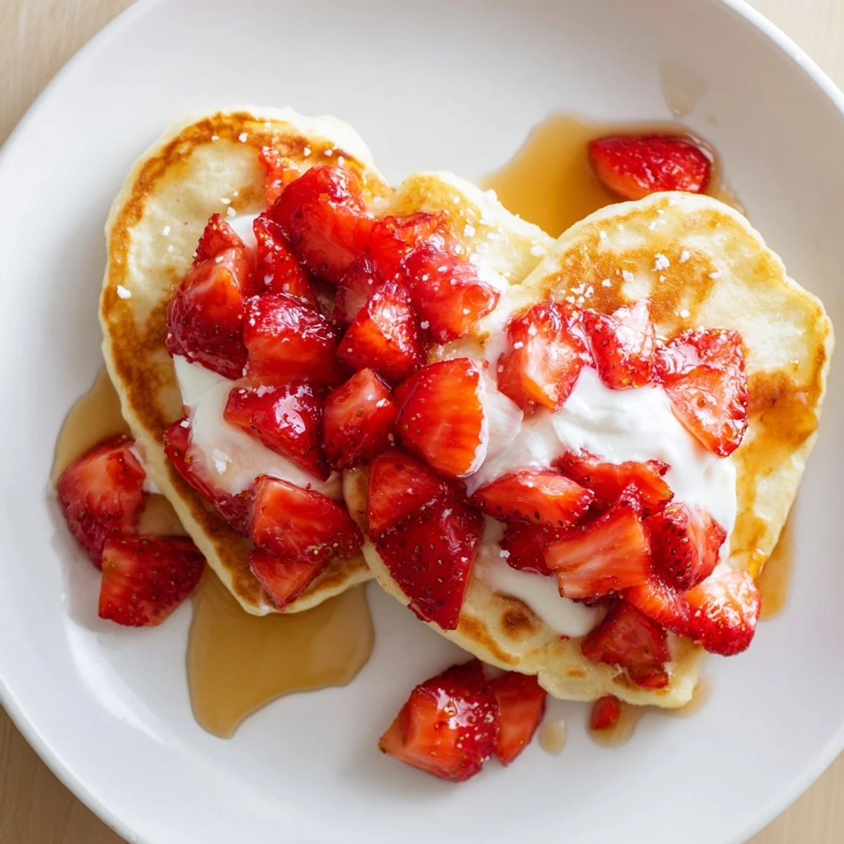 Freshly cooked Valentine Breakfast Pancakes arranged in a heart shape, with juicy strawberries and a dusting of powdered sugar for a sweet breakfast treat.