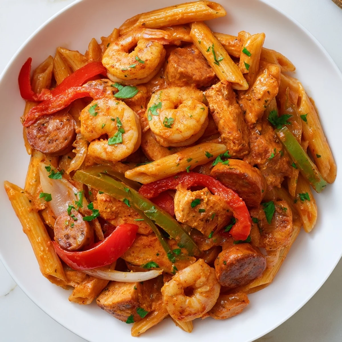 Steam rises from a skillet of Spicy Jambalaya Pasta with Chicken and Shrimp, featuring andouille sausage and colorful bell peppers.  