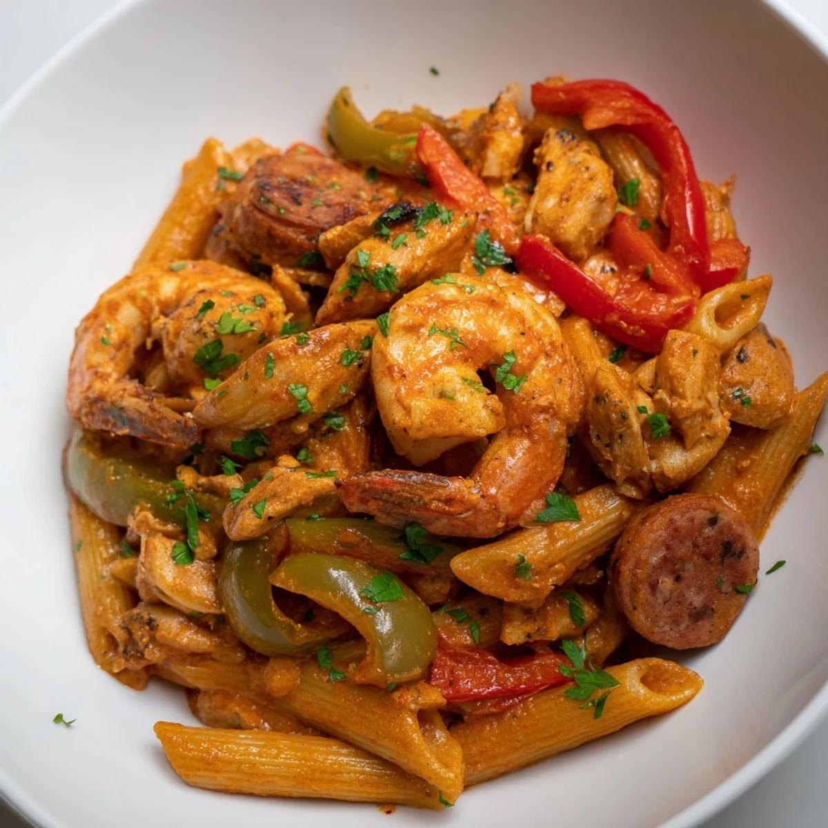 Hearty Spicy Jambalaya Pasta with Chicken and Shrimp is plated with fresh parsley and lemon wedges for a bright finish.  