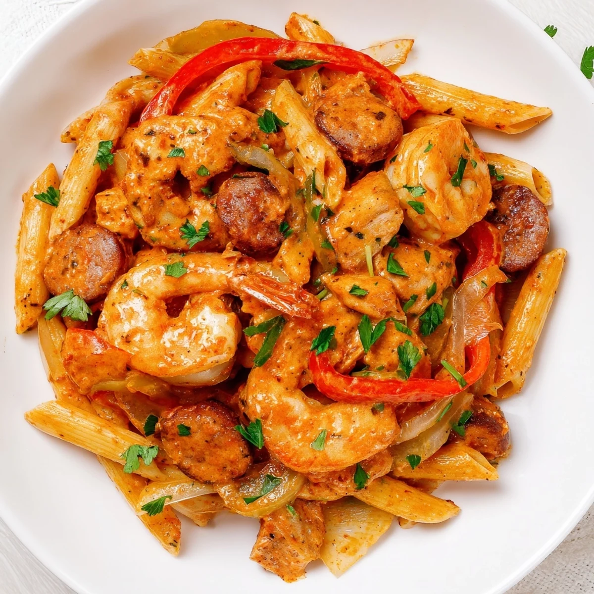 A close-up of Spicy Jambalaya Pasta with Chicken and Shrimp showcases tender shrimp, chicken, and creamy tomato sauce.