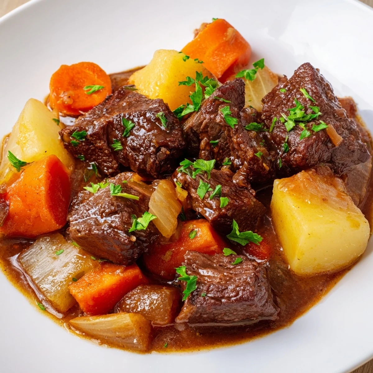 Tender beef and hearty root vegetables simmer in a rich, savory broth in this Savory Beef Stew.