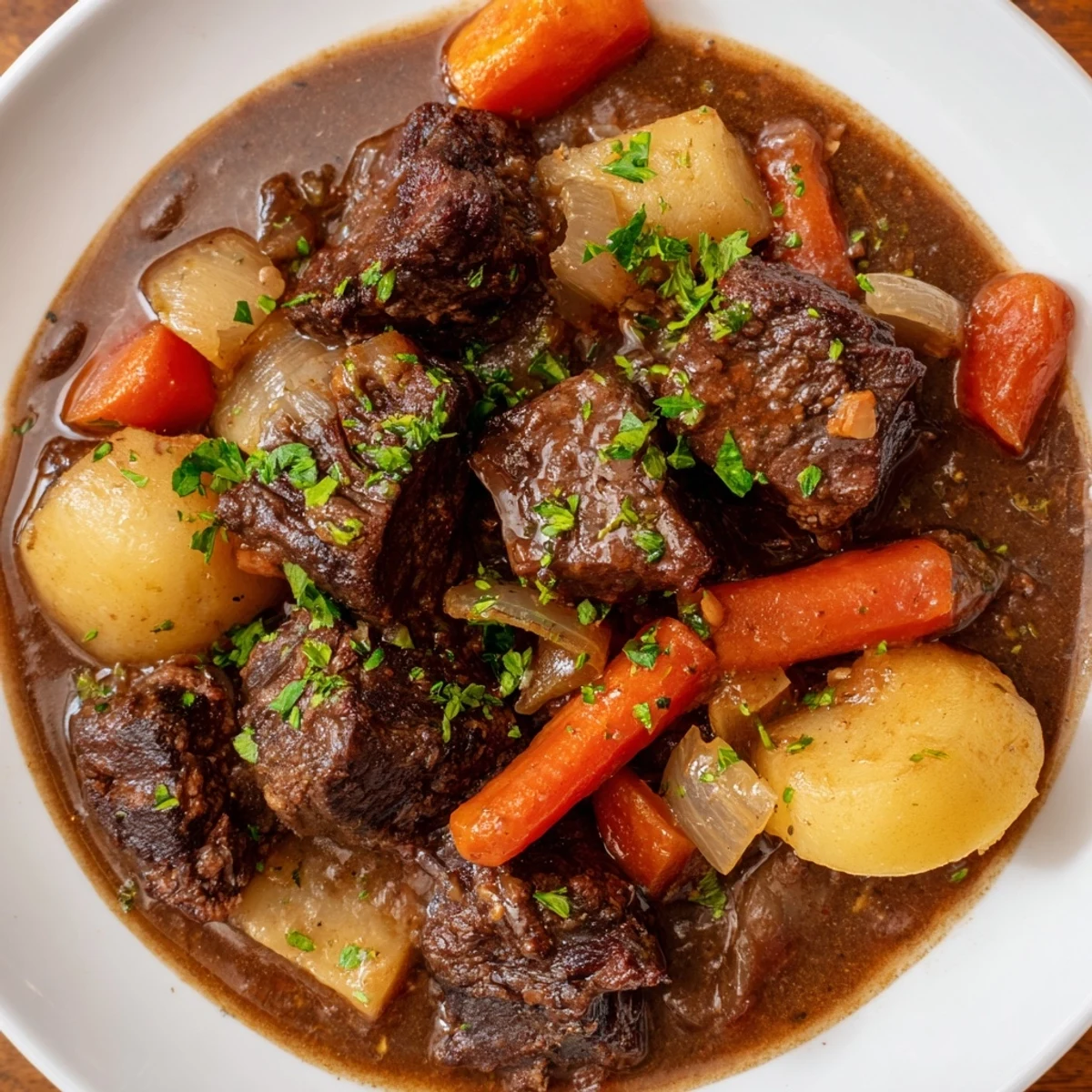 A warm bowl of Savory Beef Stew with root vegetables garnished with fresh parsley and served alongside crusty bread.