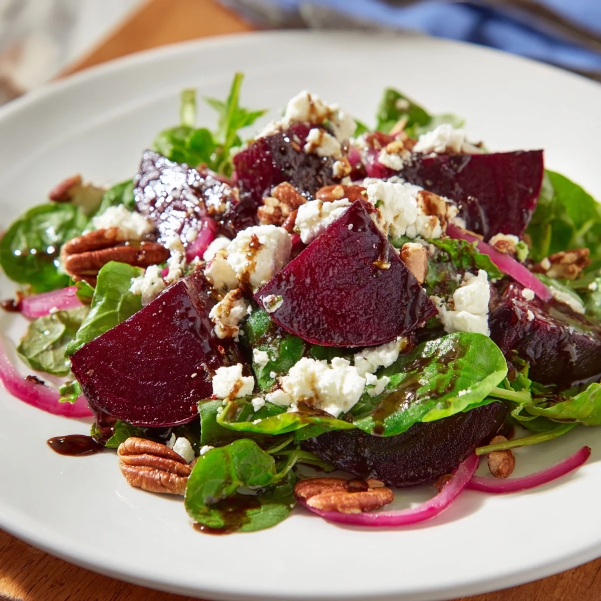 Vibrant roasted beet and goat cheese salad with toasted pecans on mixed greens, drizzled with tangy balsamic vinaigrette.