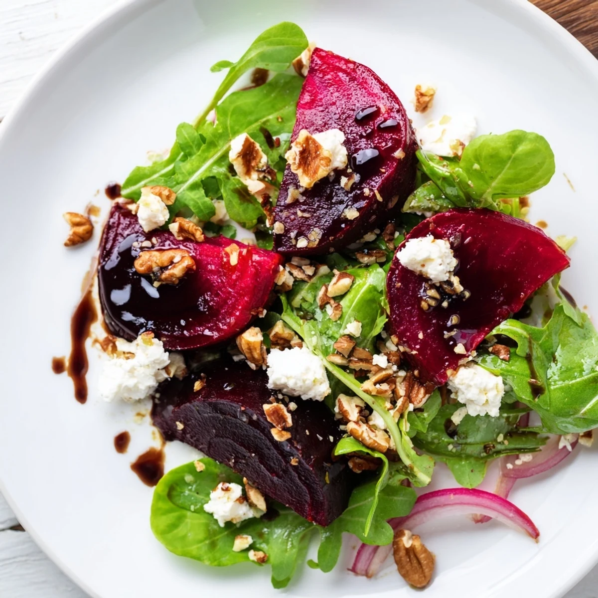 A close-up of creamy goat cheese and ruby roasted beets atop peppery arugula with crunchy pecan halves.