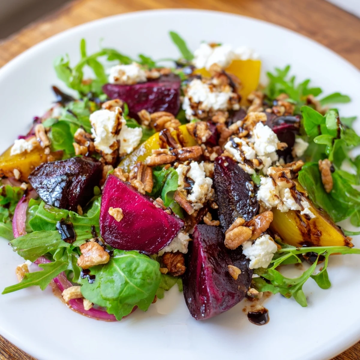 Warm roasted beet and goat cheese salad garnished with red onion and pecans, served as a light main.