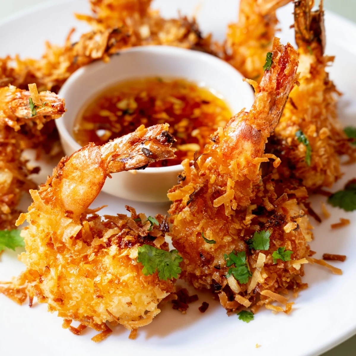 Crispy Coconut Shrimp with Sweet Chili Sauce piled high on a platter, golden brown and glistening, with a small bowl of tangy red dipping sauce and lime wedges.