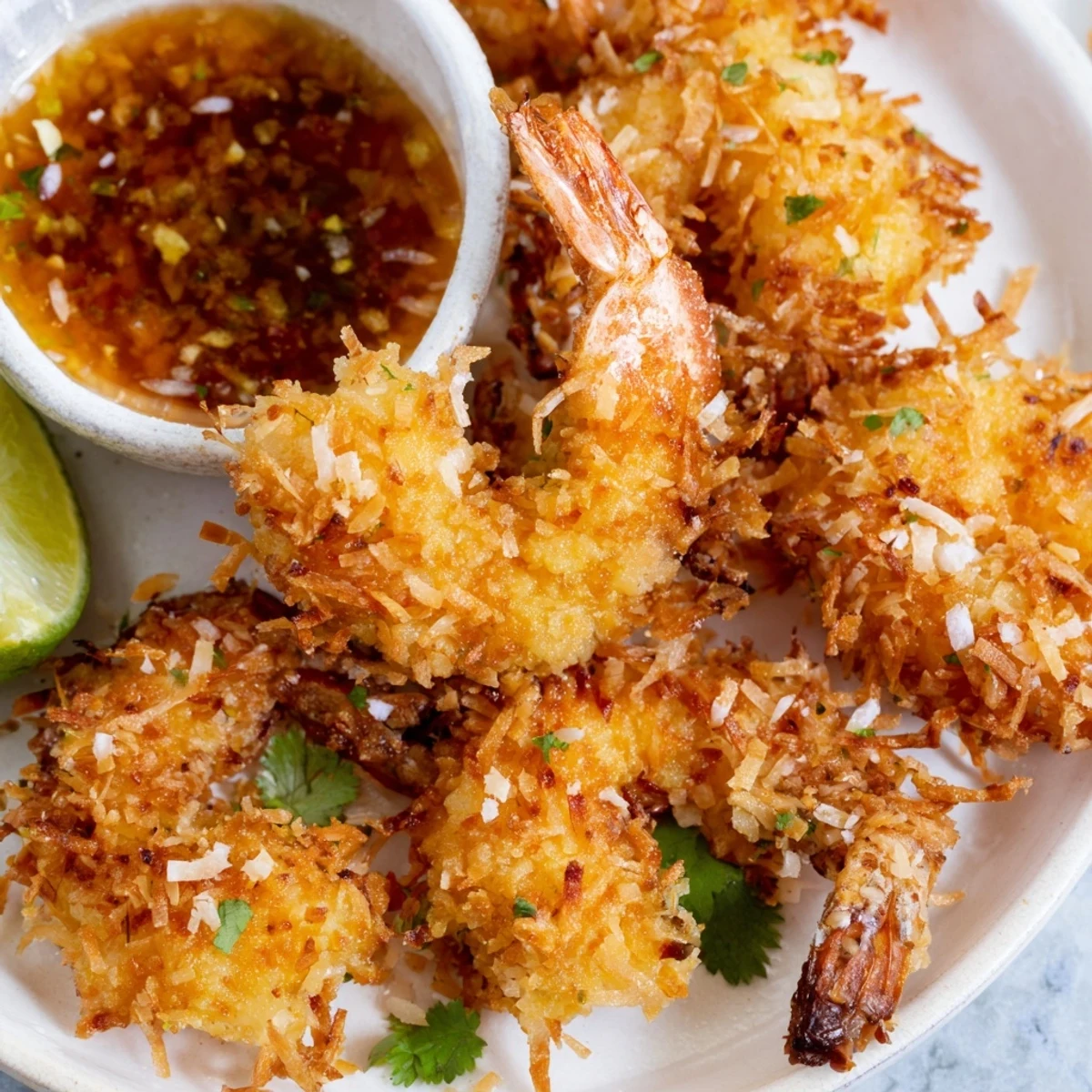 Close-up of Crispy Coconut Shrimp with Sweet Chili Sauce showing the crunchy coconut crust and juicy shrimp, garnished with fresh cilantro and served beside a colorful dipping sauce.