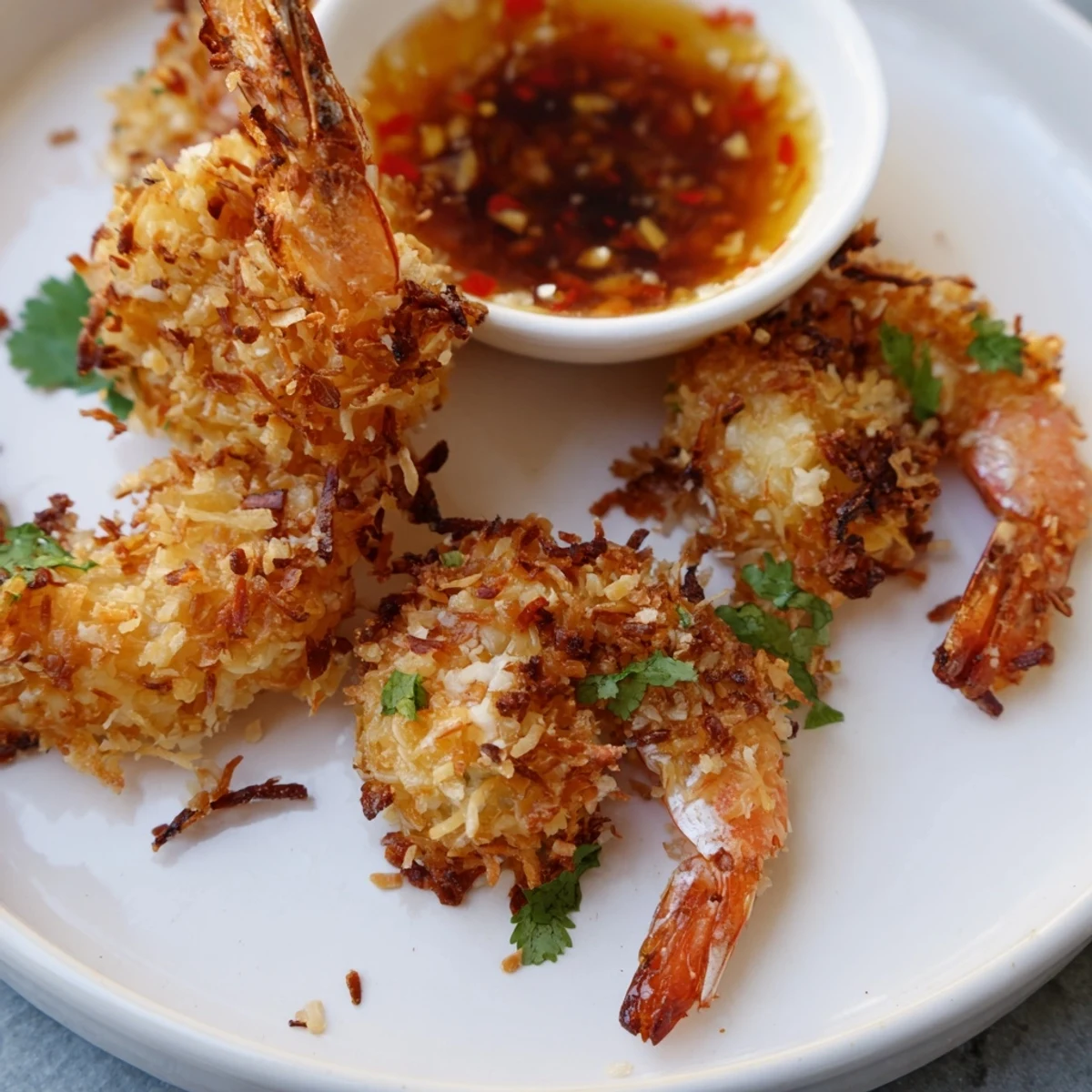 Freshly fried Crispy Coconut Shrimp with Sweet Chili Sauce arranged on a plate, steam rising, with a side of spicy dipping sauce and a wedge of lime for squeezing.