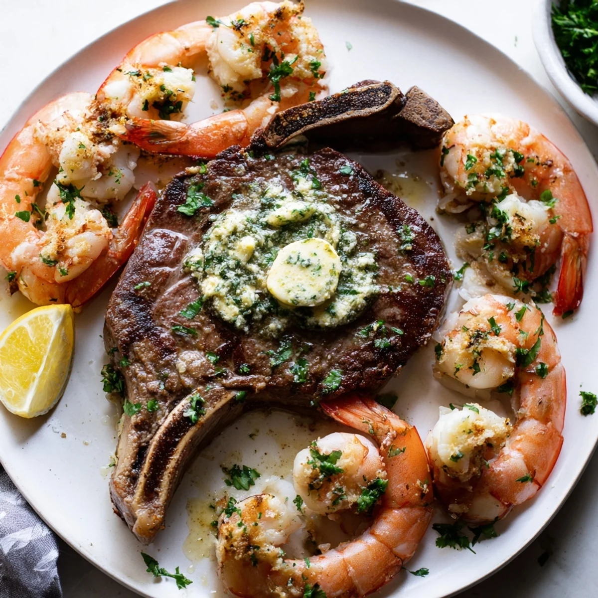 Perfectly seared ribeye steaks and golden shrimp rest on a plate, drizzled with garlic herb butter.