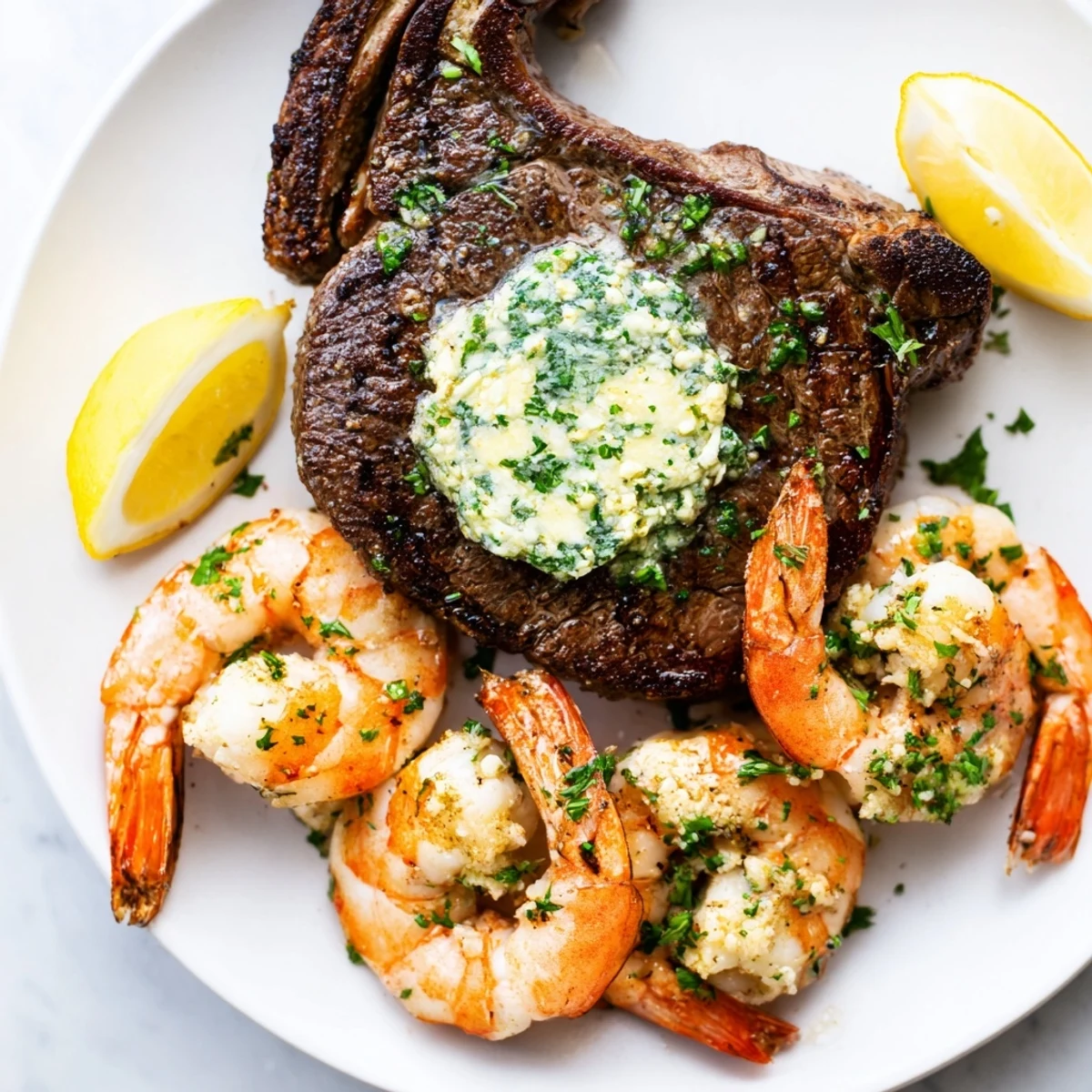 A close-up of juicy steak and tender shrimp from this surf and turf recipe, served with melted butter.