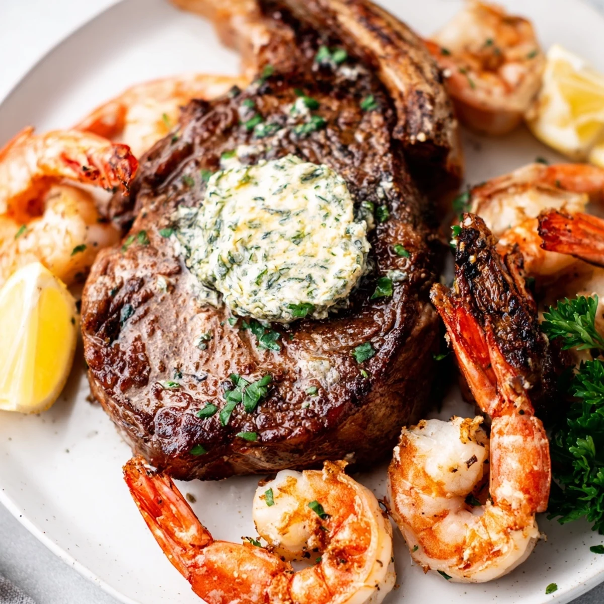 Sizzling steak and plump shrimp from a surf and turf dinner garnish with fresh parsley and lemon.