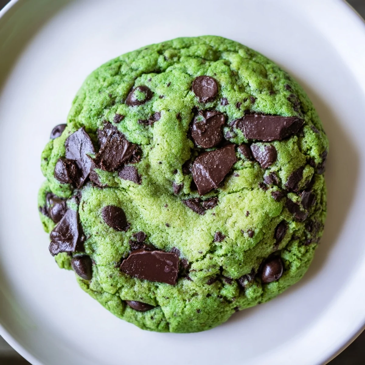Freshly baked mint chocolate chip cookies with vibrant green dough and melted chocolate chips on a baking sheet.  