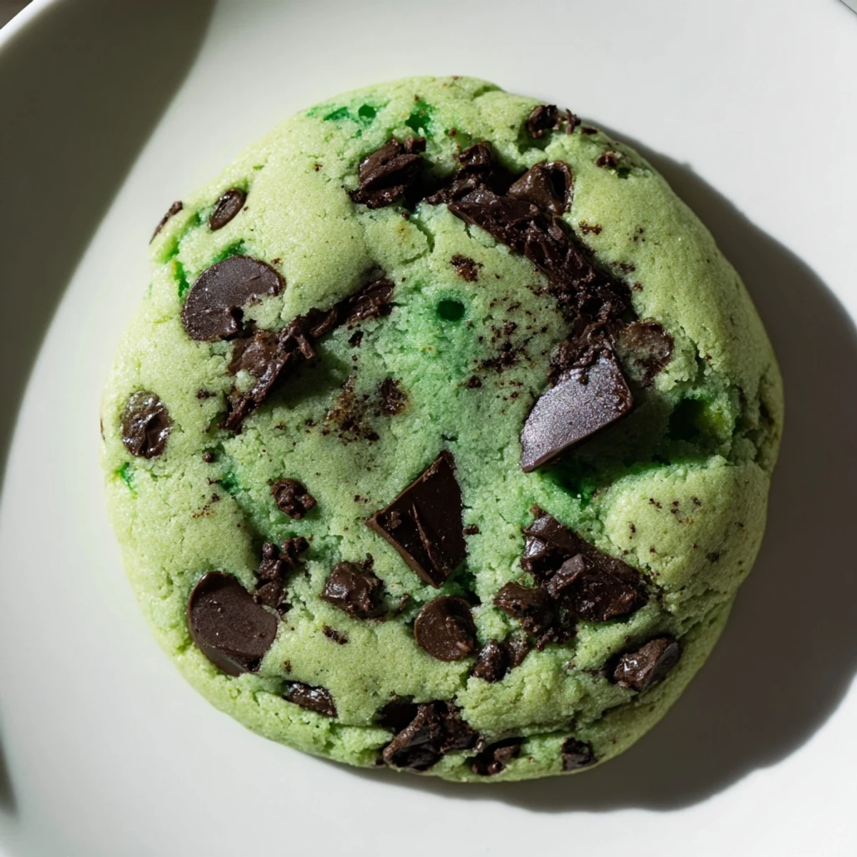 Baked mint chocolate chip cookies with chewy texture, green dough, and melty chocolate chips on a white plate.
