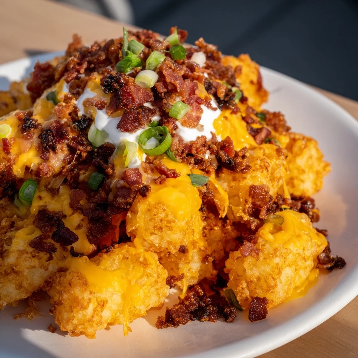 Golden, crispy loaded tater tots topped with melted cheddar, Monterey Jack, and savory beef bacon bits for a crowd-pleasing snack.