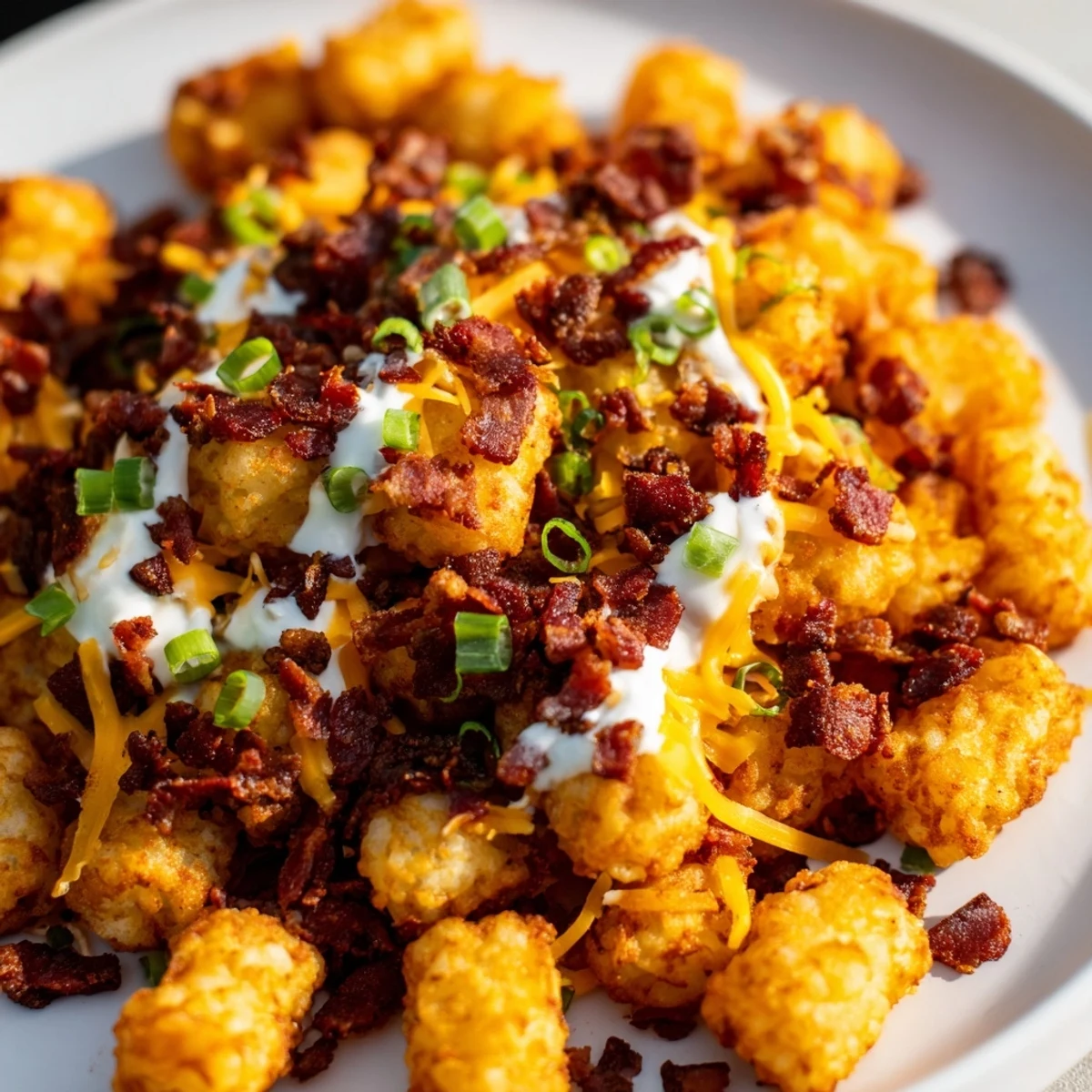 Bubbling cheese and golden loaded tater tots ready to serve, garnished with sour cream and beef bacon for game day.