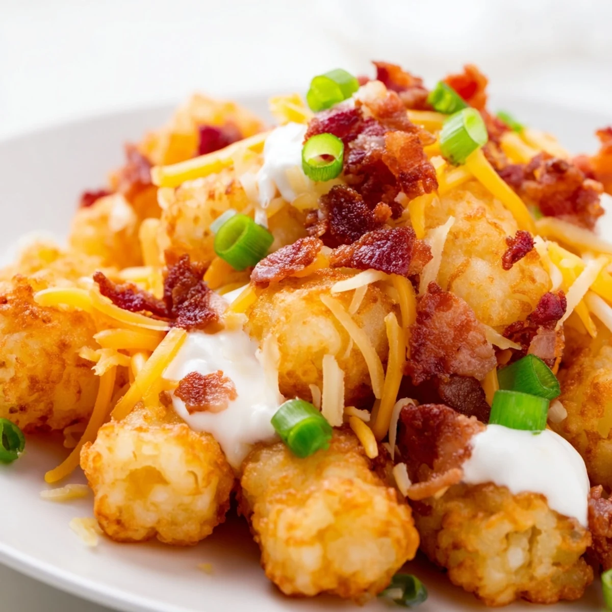 A close-up view of loaded tater tots with gooey cheese, beef bacon crumbles, and fresh green onions on a serving platter.
