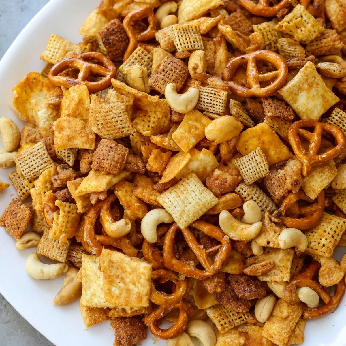 Hearty Super Bowl Snack Mix with Nuts and Pretzels is piled high on a wooden board, showcasing toasted cheese crackers, corn chips, and zesty seasoning.  