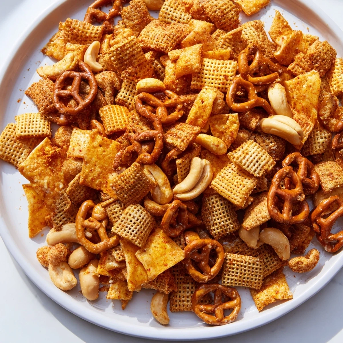 Golden-brown Super Bowl Snack Mix with Nuts and Pretzels spills from a white bowl, featuring crunchy pretzels, peanuts, cashews, and seasoned wheat cereal squares.  