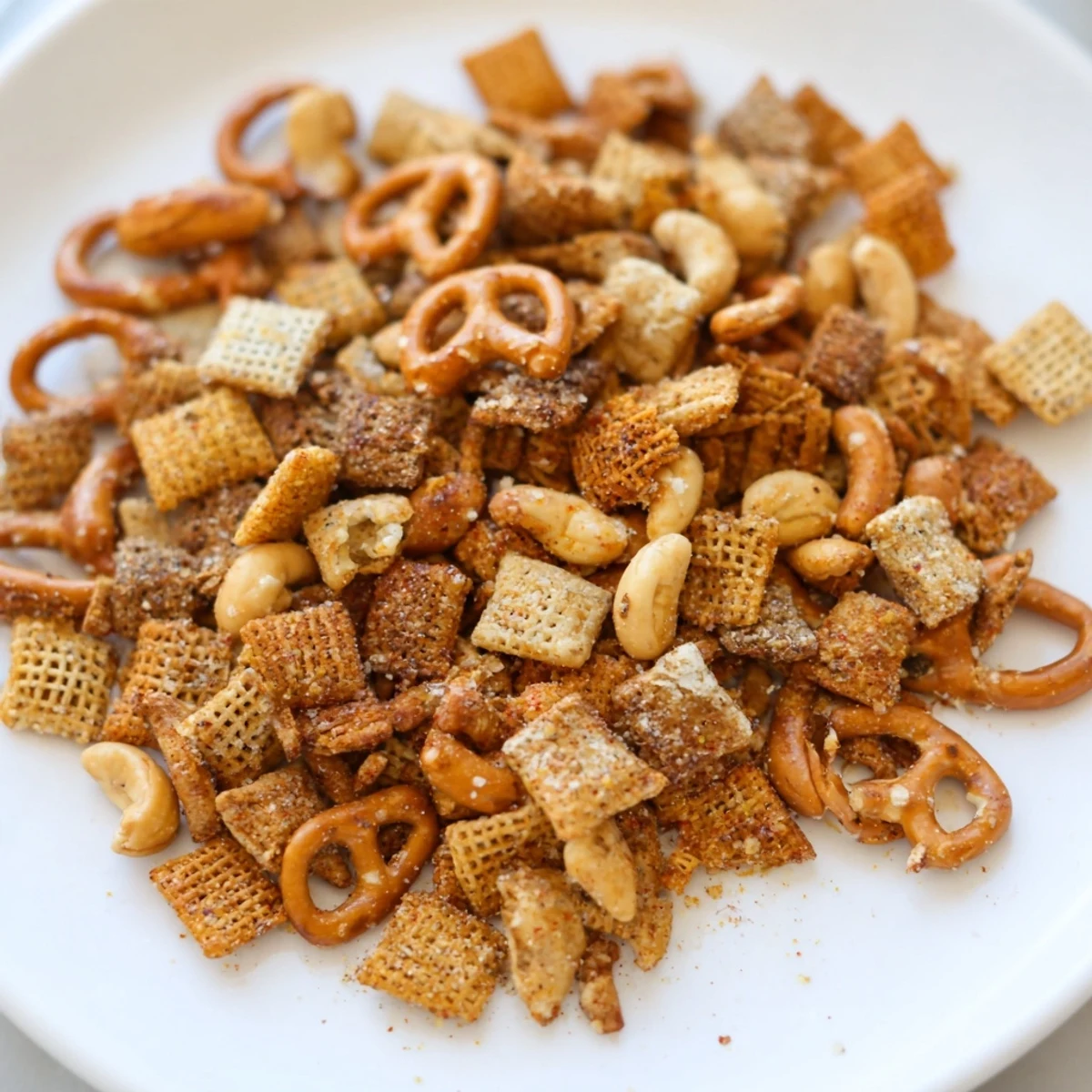 A freshly baked Super Bowl Snack Mix with Nuts and Pretzels glistens with melted butter, highlighting golden pretzels and savory nuts ready for game day.