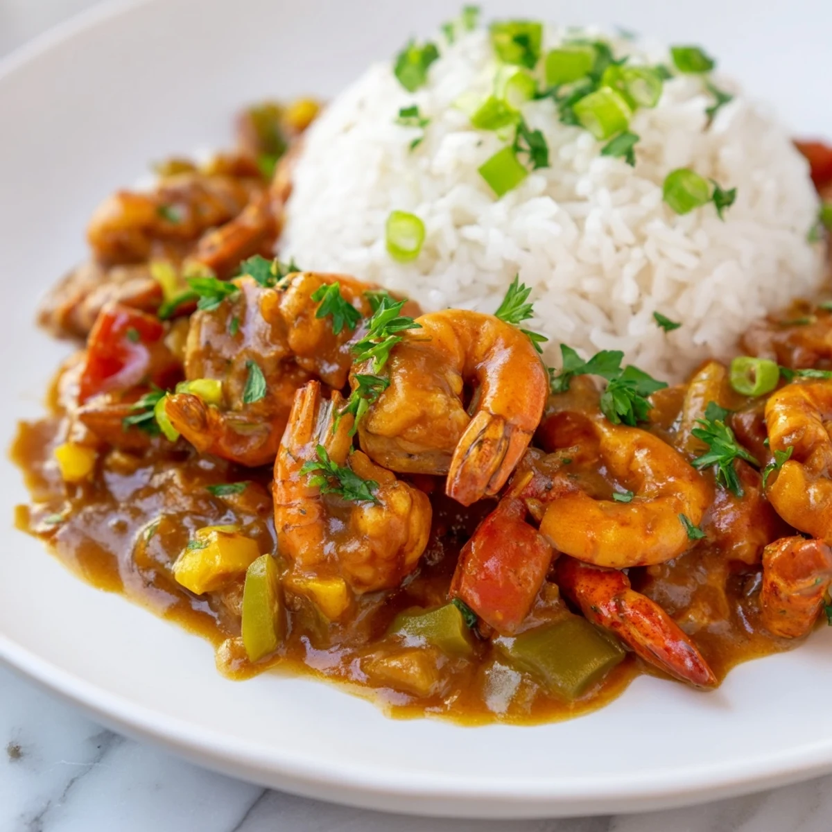 Bright orange crawfish étouffée with rich roux sauce spooned over fluffy white rice, garnished with fresh parsley and green onions.