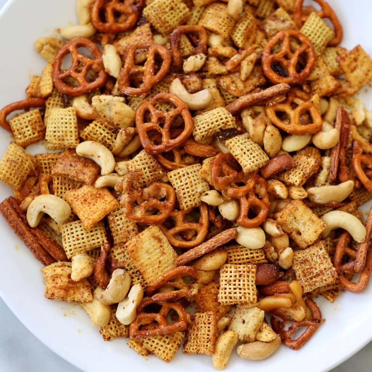 A close-up of Super Bowl Snack Mix with Nuts and Pretzels on a baking sheet, glistening with savory seasoning and golden edges, perfect for a game day bowl.