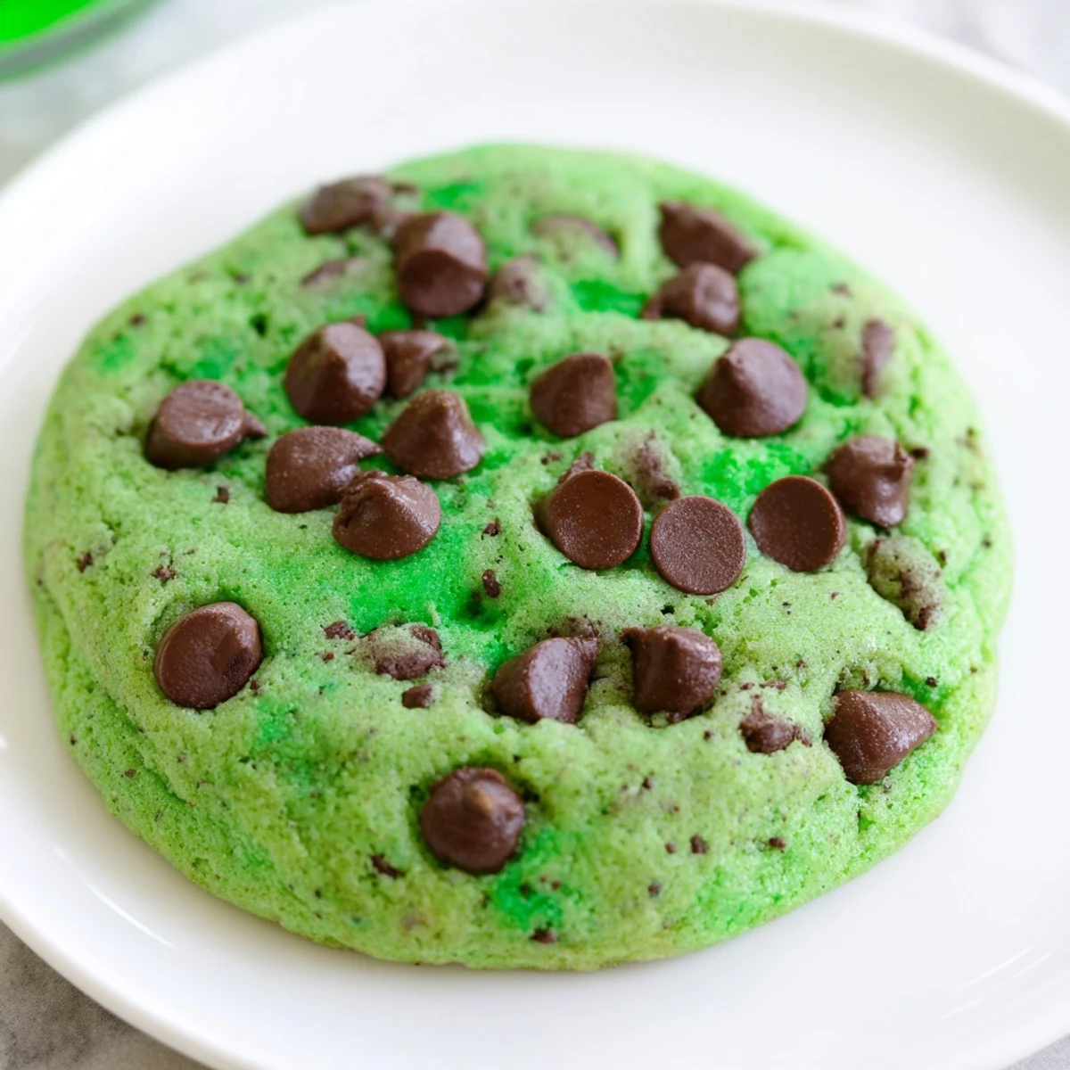 Freshly baked Mint Chocolate Chip Cookies with vibrant green dough and melty semi-sweet chocolate chips on a baking sheet.