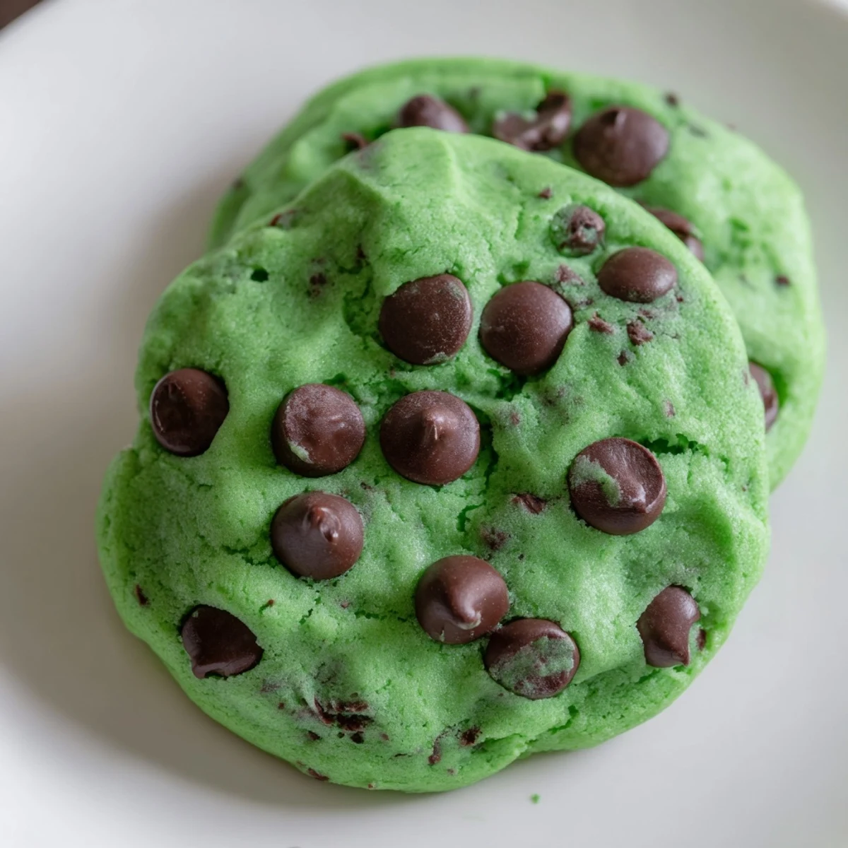 A plate of homemade Mint Chocolate Chip Cookies, perfect for a festive dessert or afternoon snack with milk.
