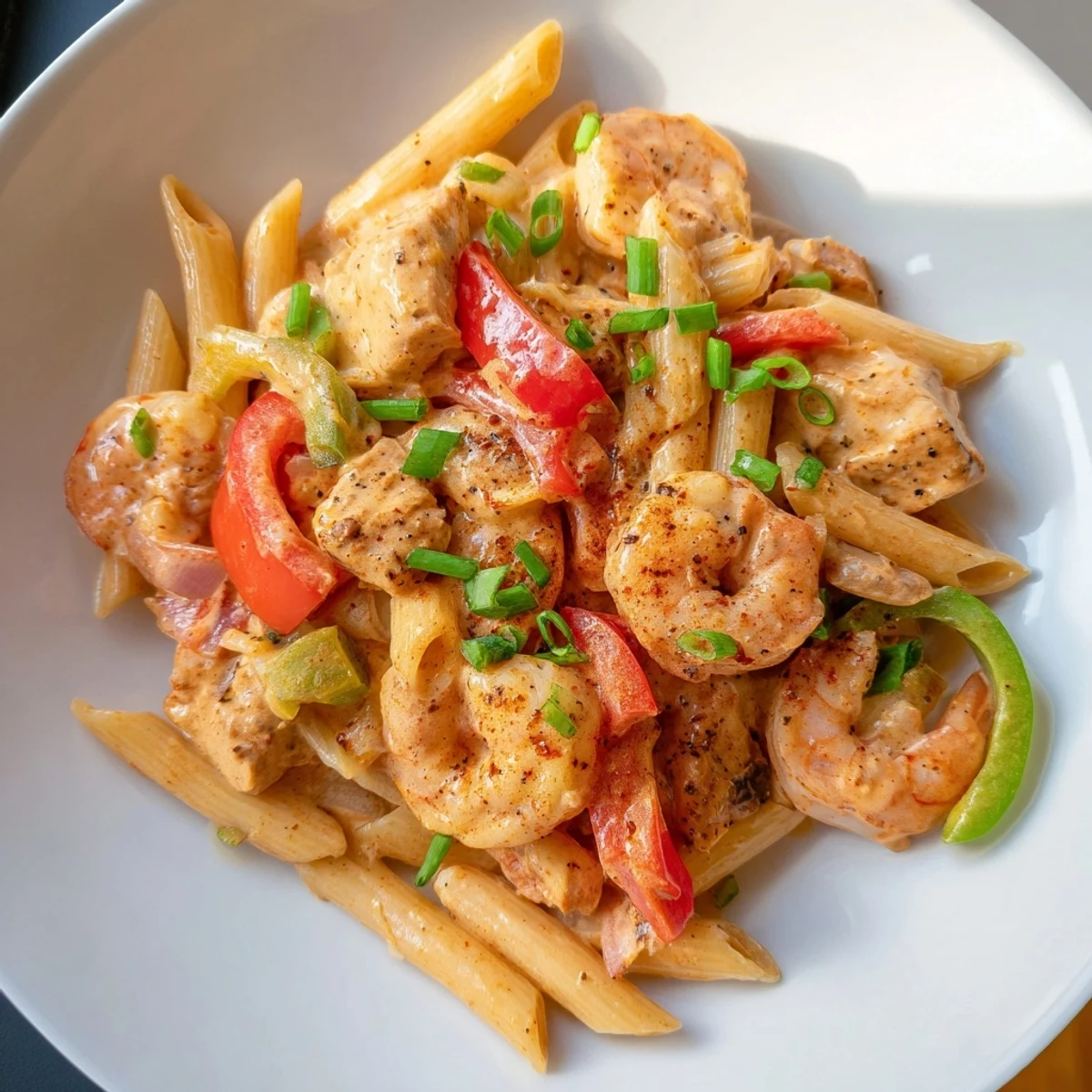 Golden-brown chicken and pink shrimp nestle among penne noodles in this creamy Spicy Jambalaya Pasta, flecked with colorful peppers and green onions.