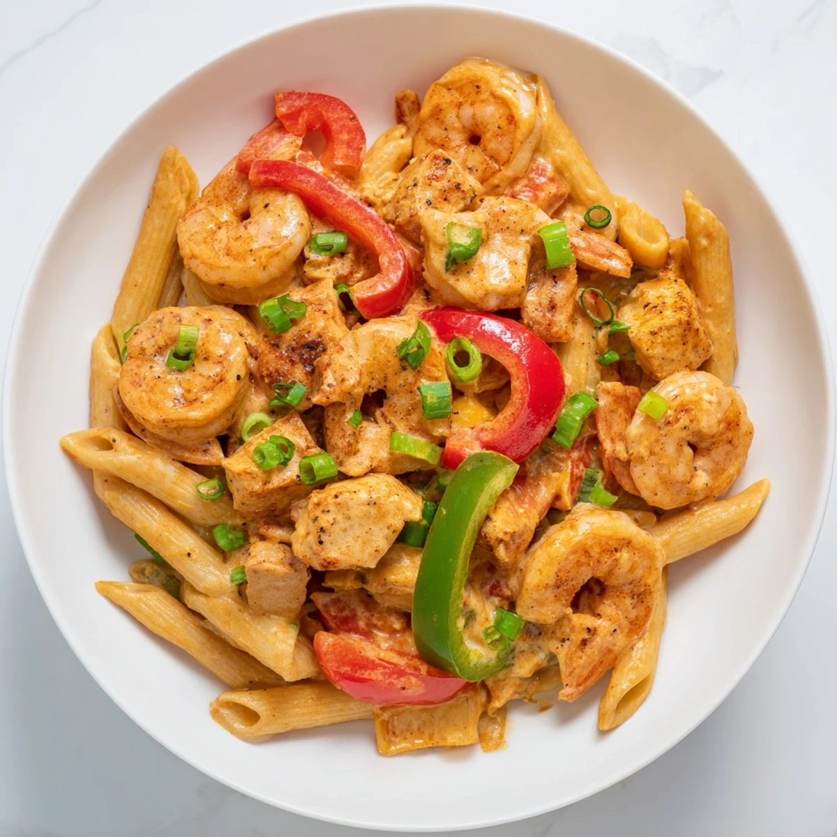 Close-up of fork-twisted Spicy Jambalaya Pasta with tender chicken, shrimp, and diced tomatoes in a spicy, velvety sauce for a weeknight dinner.
