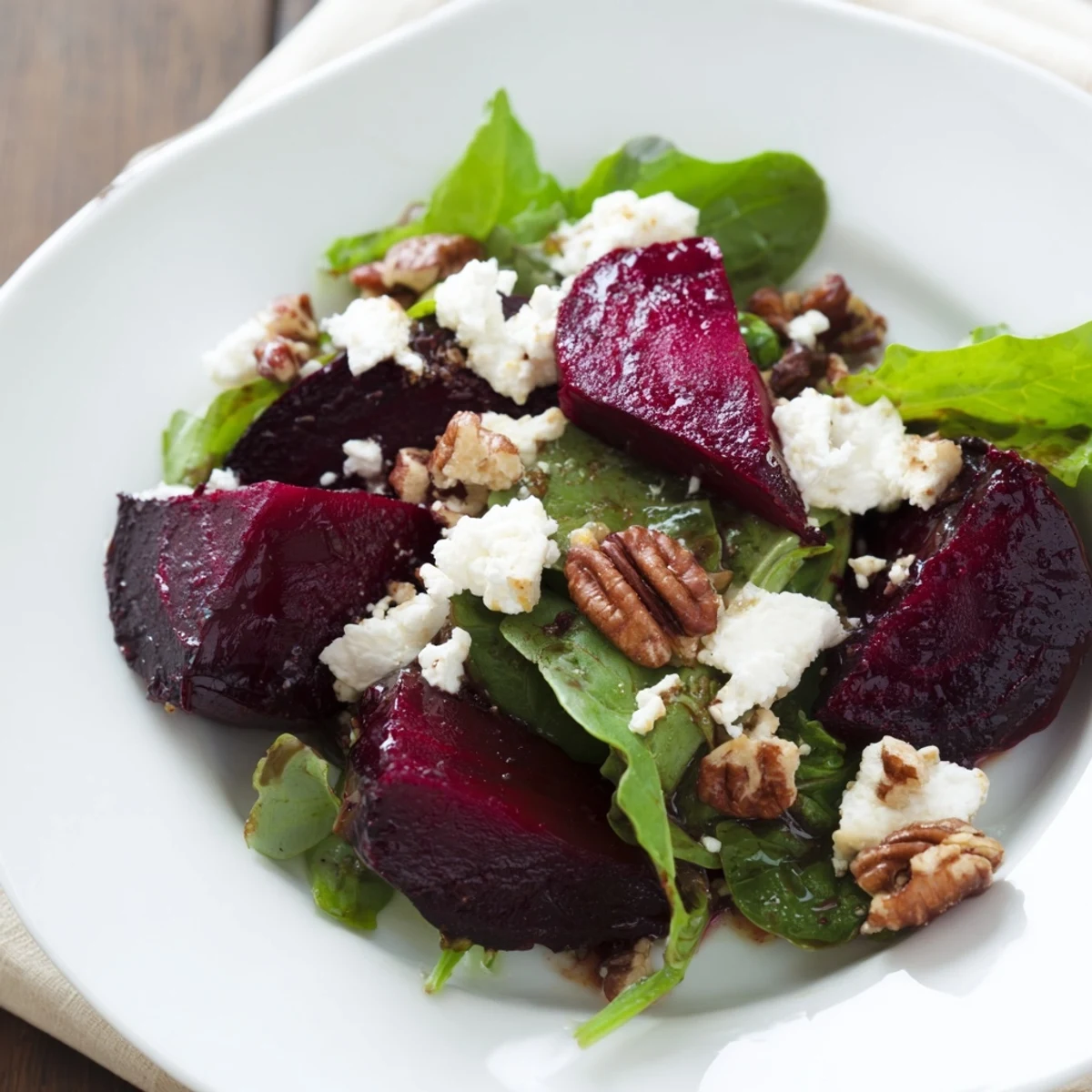 A close-up of sliced roasted beets, creamy goat cheese crumbles, and crunchy pecans atop vibrant salad greens for a light lunch.