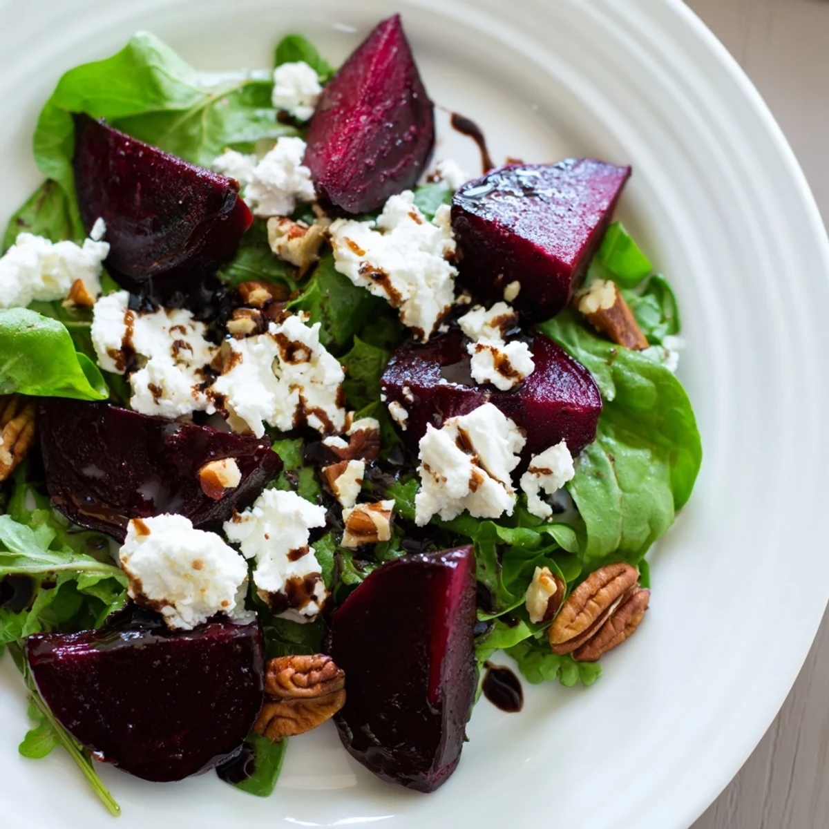 Roasted beet and goat cheese salad with toasted pecans and mixed greens on a white plate, drizzled with balsamic vinaigrette.