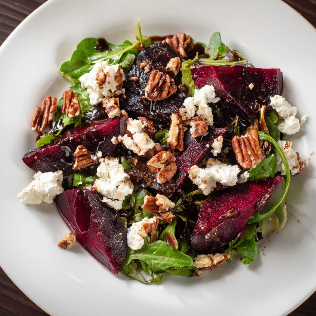Golden roasted beet wedges and crumbled goat cheese on arugula and spinach, finished with toasted pecans and tangy vinaigrette.