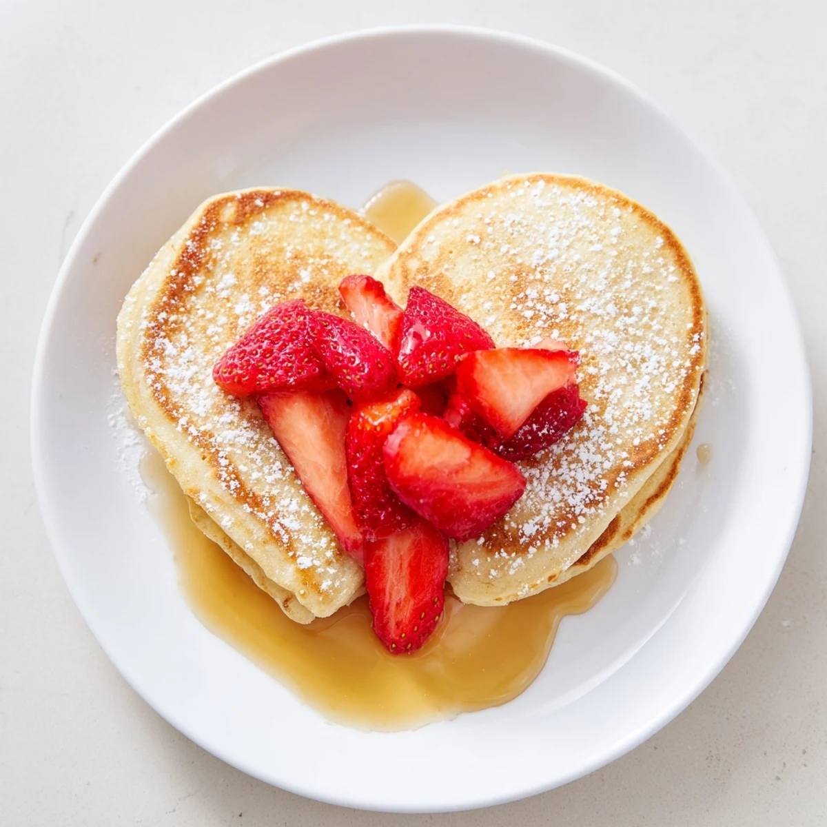 Golden-brown Valentine Breakfast Pancakes with Strawberries sizzling on the griddle, ready to be plated with a drizzle of warm maple syrup and a dollop of whipped cream. 