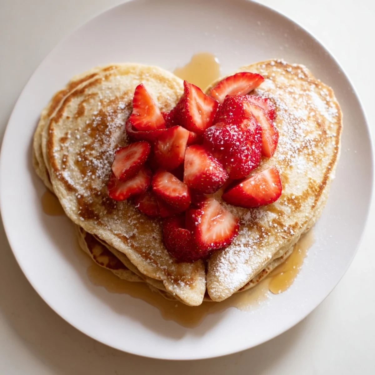 Fluffy Valentine Breakfast Pancakes with Strawberries are stacked high, hearts shaped, topped with fresh berry slices and a light dusting of powdered sugar for a sweet morning treat. 