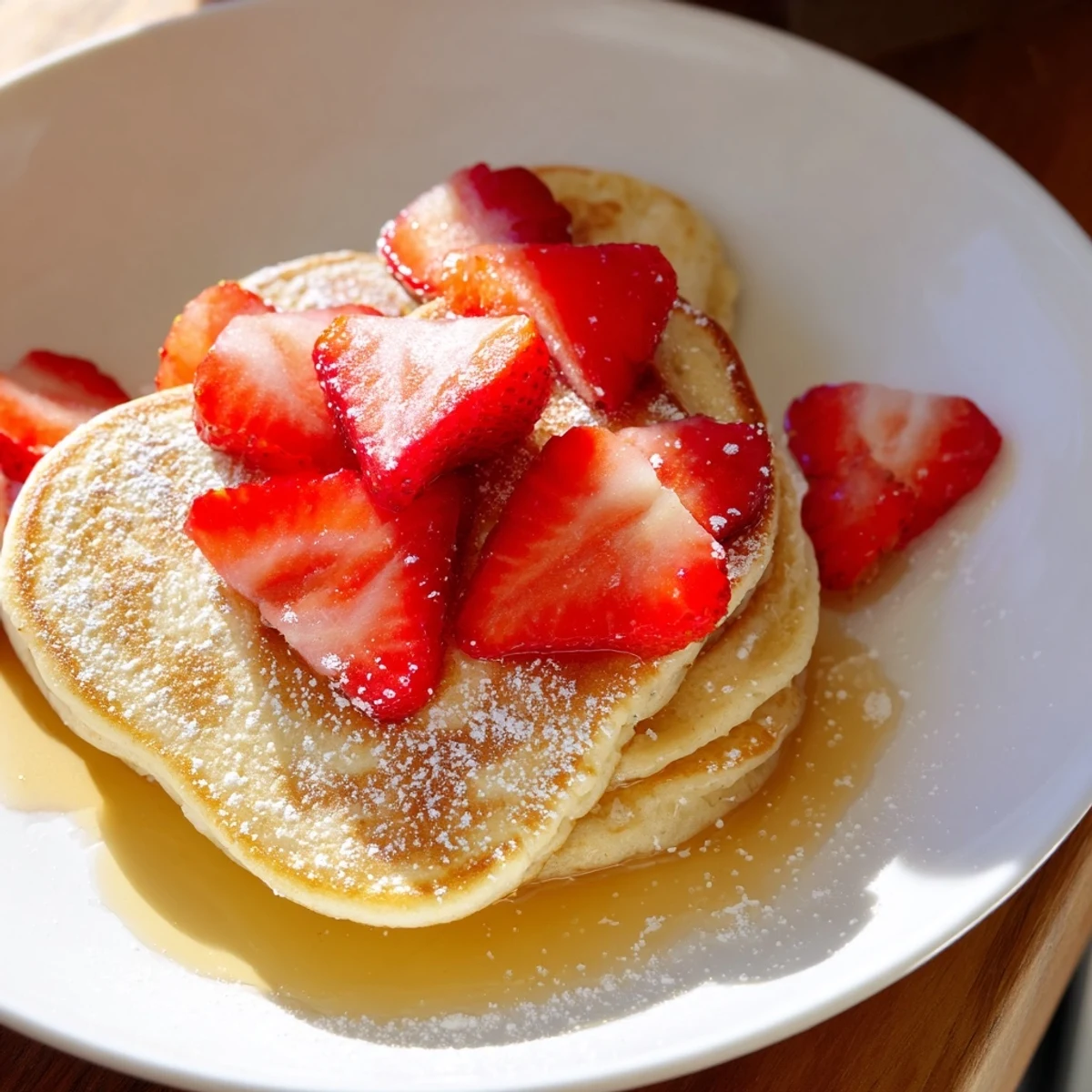 A close-up of Valentine Breakfast Pancakes with Strawberries shows tender, fluffy layers, fresh sliced strawberries, and glistening syrup perfect for a romantic breakfast.