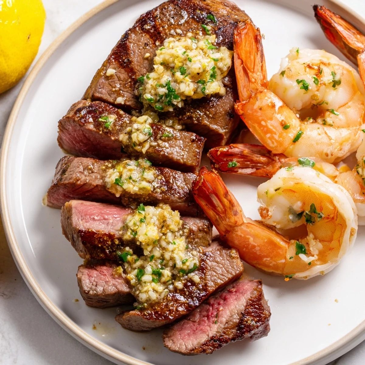 A plated Surf and Turf Steak and Shrimp Dinner featuring a juicy ribeye and pink shrimp topped with melting garlic herb butter.