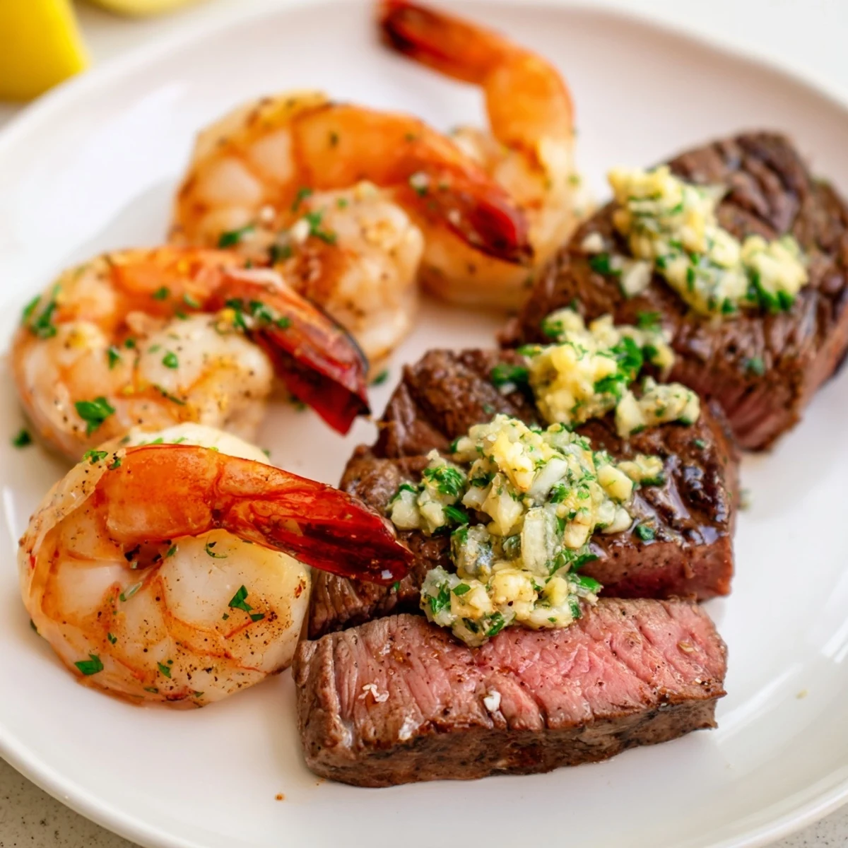 Surf and Turf Steak and Shrimp Dinner served with lemon wedges and parsley garnish on a rustic wooden table.