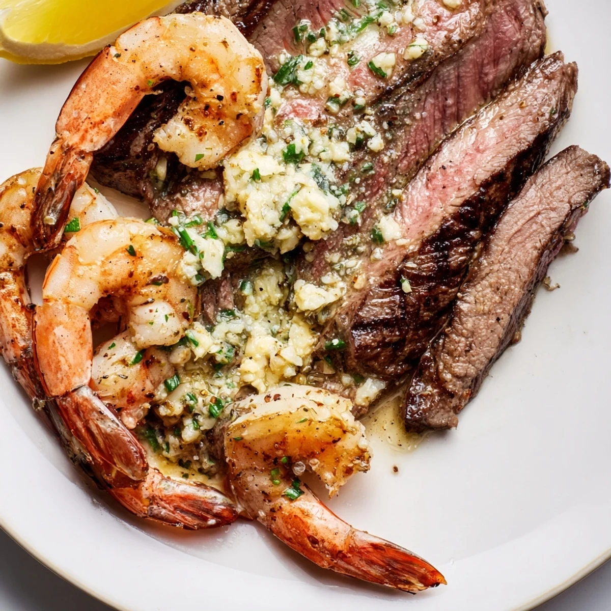 Sizzling Surf and Turf Steak and Shrimp Dinner with golden seared steak, tender shrimp, and rich butter sauce.