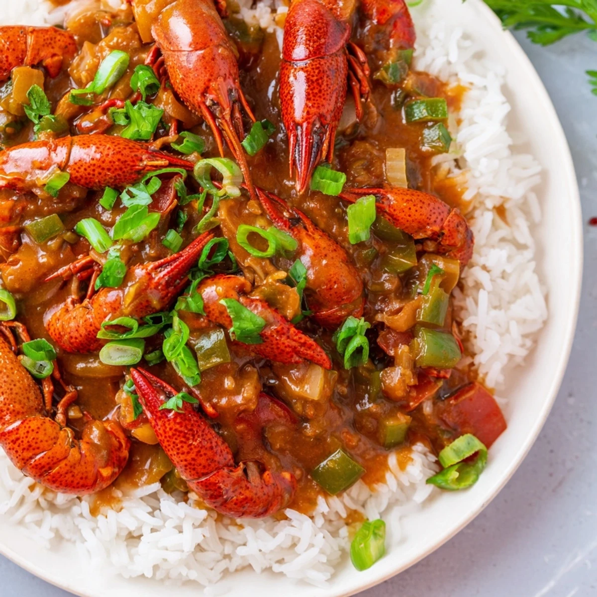 Steaming fluffy white rice serves as the base for rich, aromatic crawfish étouffée simmered in a spicy roux.