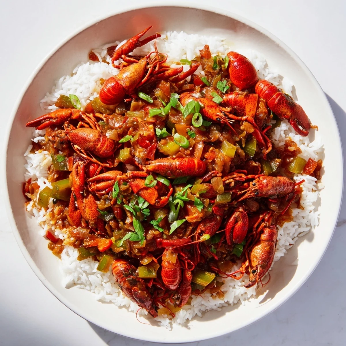 A hearty bowl of crawfish étouffée over tender white rice, garnished with fresh parsley and green onions.