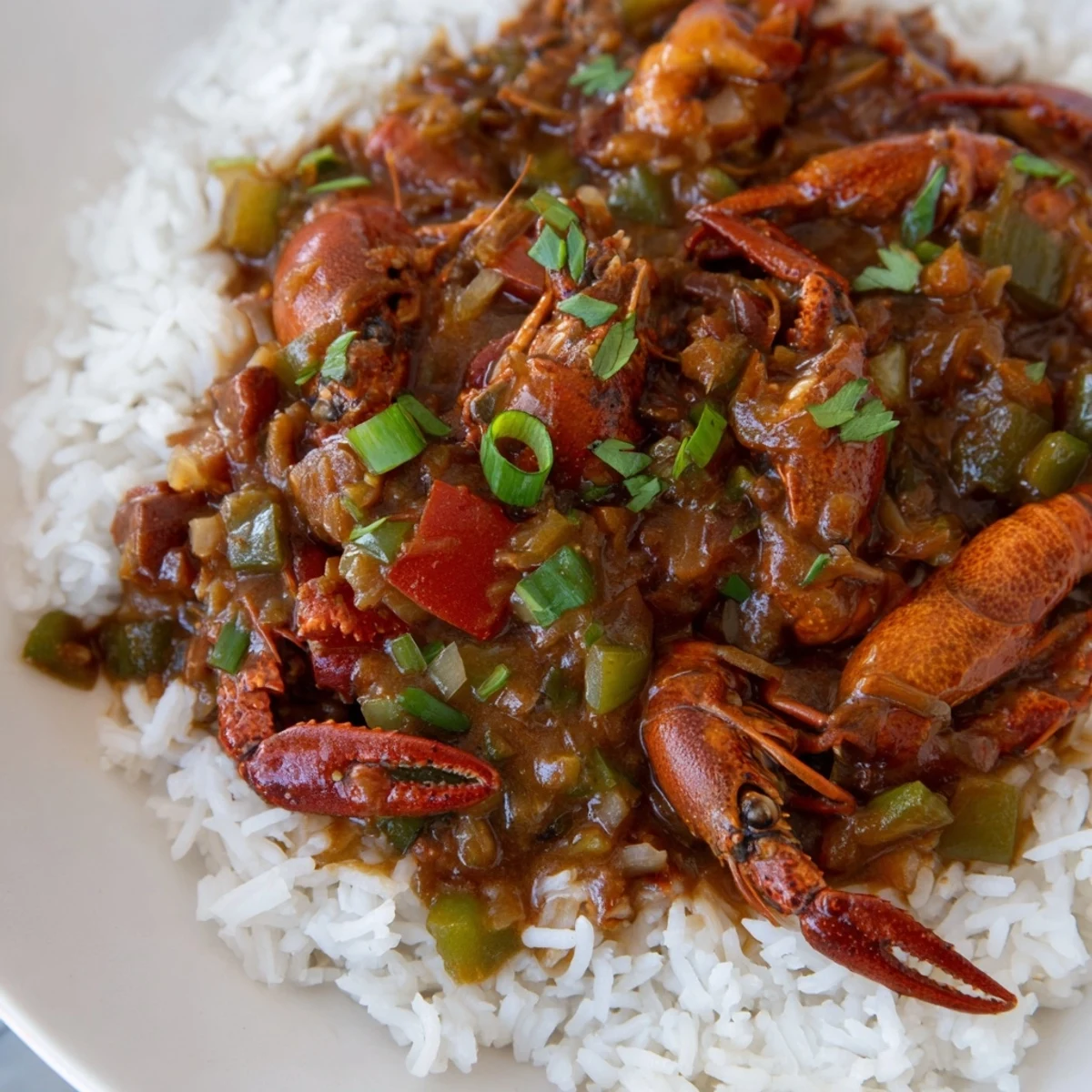 Classic Louisiana crawfish étouffée features sautéed vegetables and tender tails in a flavorful sauce beside fluffy rice.
