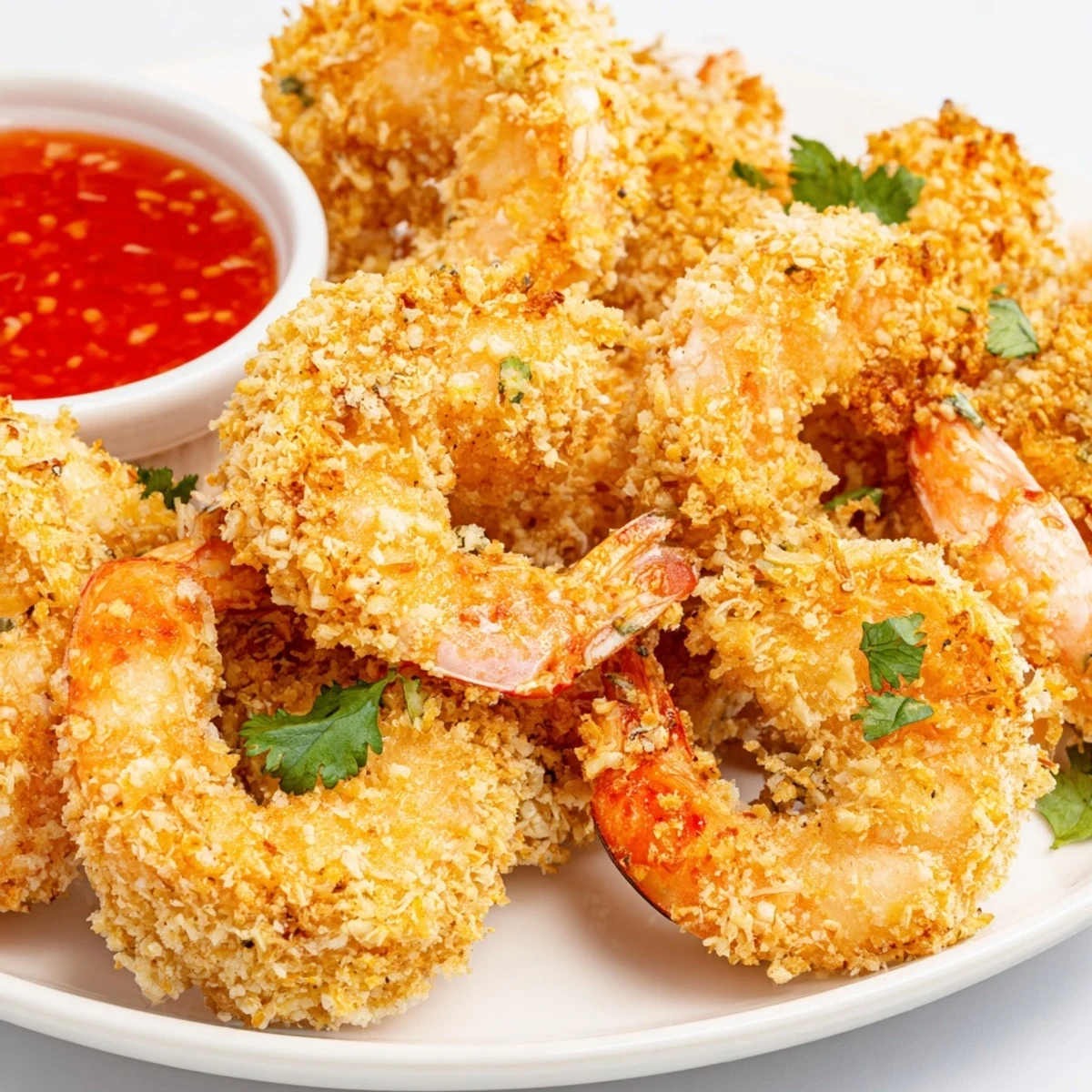 Crispy coconut shrimp with sweet chili sauce displayed on a white plate with lime wedges and fresh cilantro garnish.  