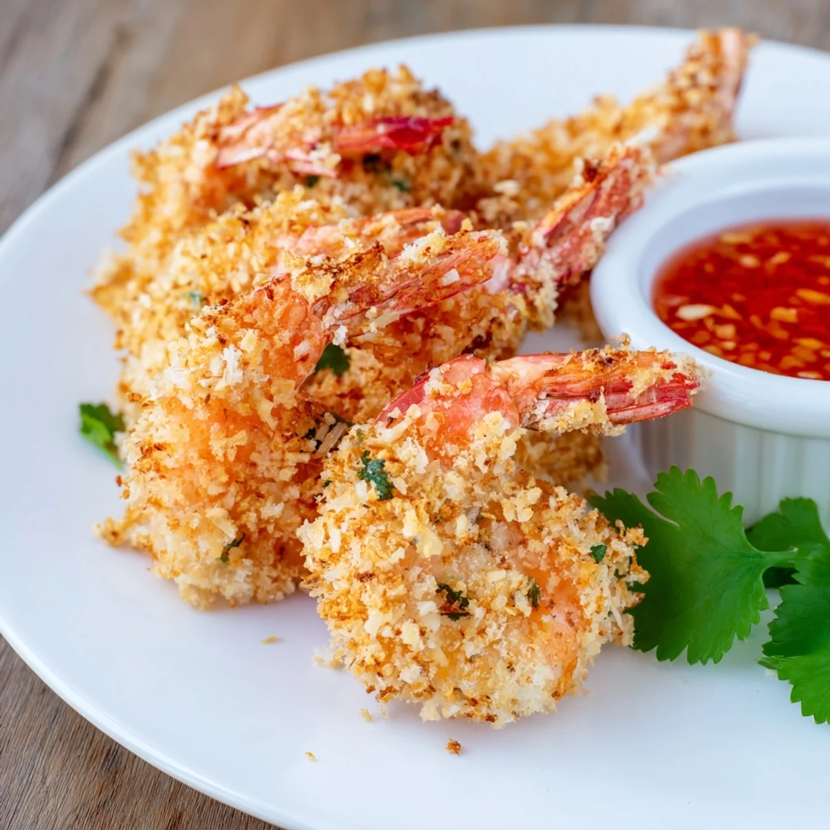 Golden-brown, crunchy shrimp bites arranged in a circle around a small bowl of tangy sweet chili dipping sauce.  