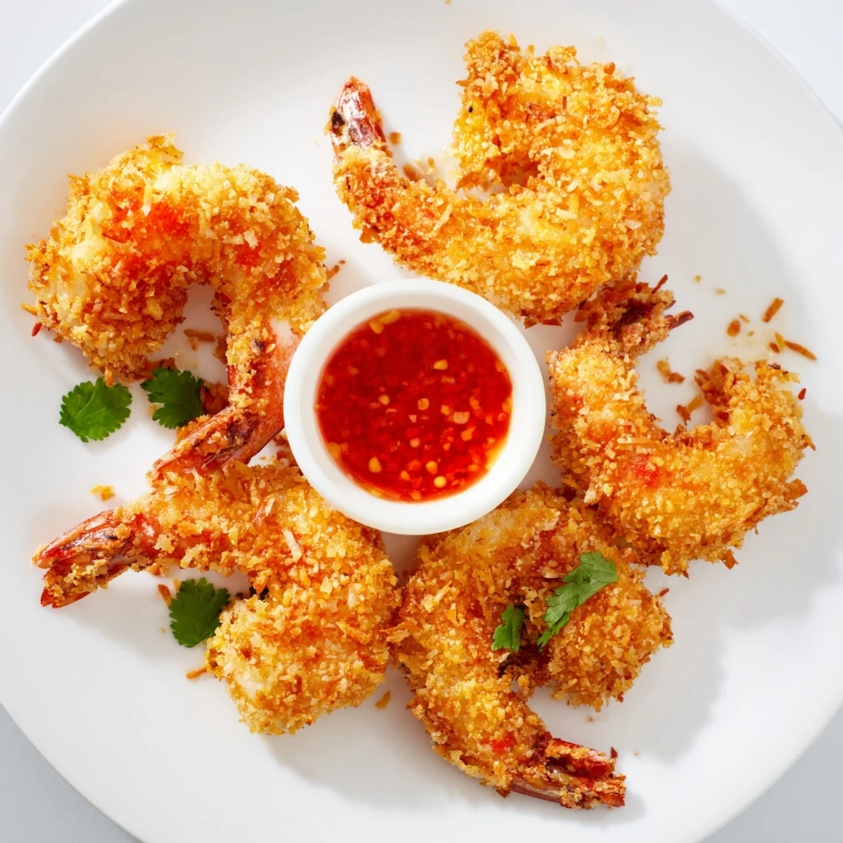 A close-up of crispy coconut shrimp showcasing the toasted coconut and panko crust, ready for a party appetizer platter.