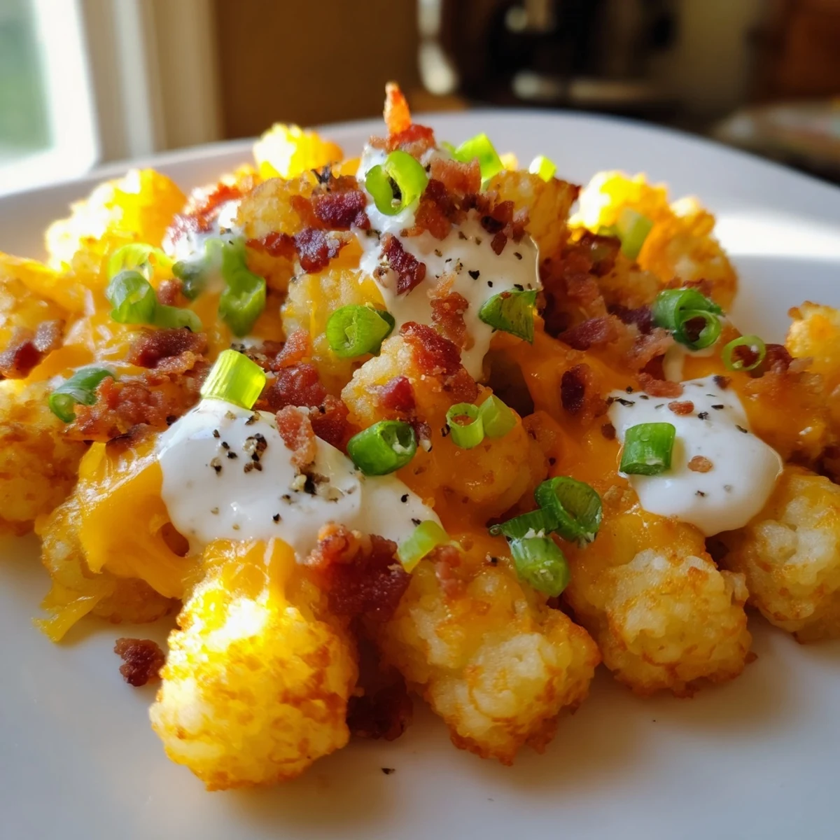 A close-up of Loaded Tater Tots with Cheese and Beef Bacon Bits, featuring golden crispy tots topped with melted cheddar, beef bacon crumbles, and fresh green onions.