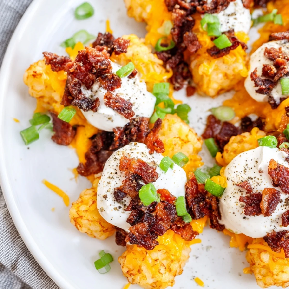 Overhead view of Loaded Tater Tots with Cheese and Beef Bacon Bits on a serving platter, garnished with sour cream dollops and parsley, ready for a party crowd.