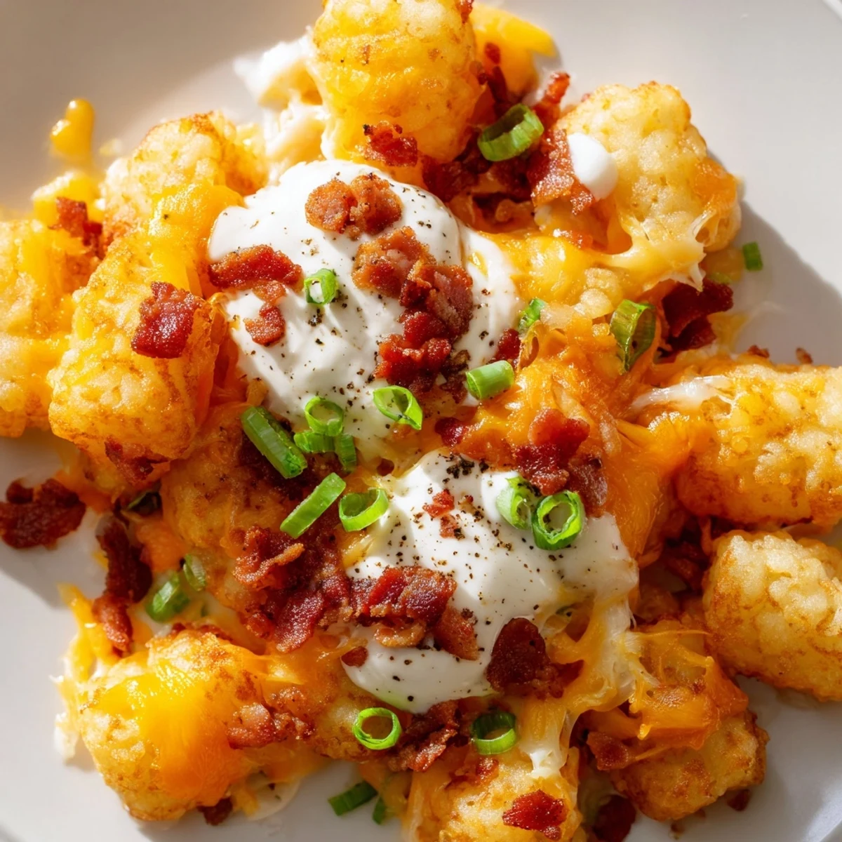 A hearty bowl of Loaded Tater Tots with Cheese and Beef Bacon Bits, showcasing gooey melted cheese, crispy beef bacon, and sliced scallions as a savory snack.