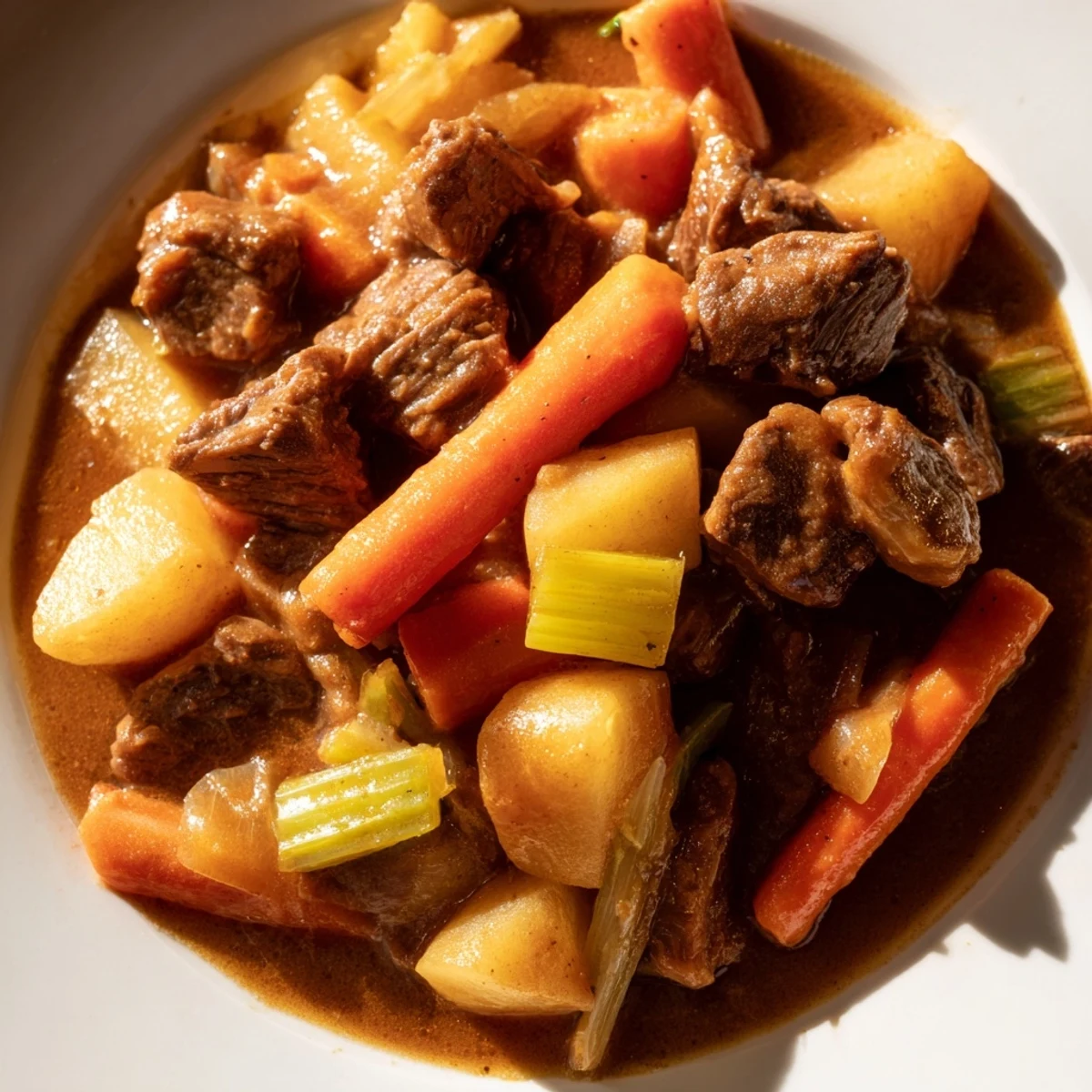 Hearty Savory Beef Stew with Root Vegetables is served in a deep bowl with fresh parsley garnish.