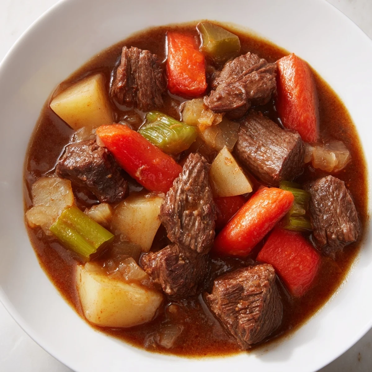 Steamy Savory Beef Stew with Root Vegetables bubbles in a rustic pot, surrounded by warm crusty bread.
